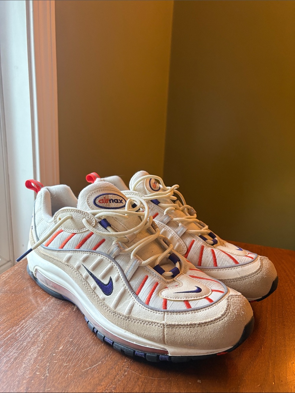Nike Air Max 98 Men’s Sneakers in Cream with Purple & Orange Accents